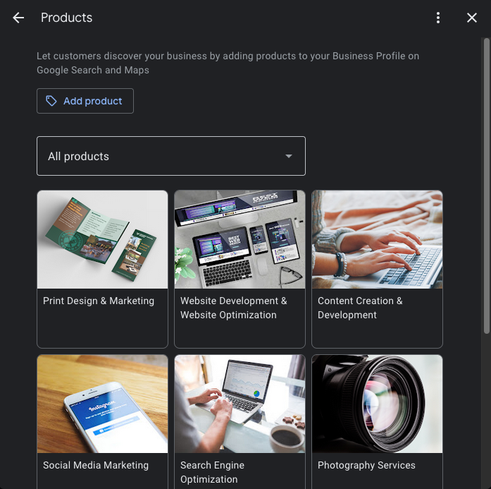 Google Business Profile Products Add/Edit Page