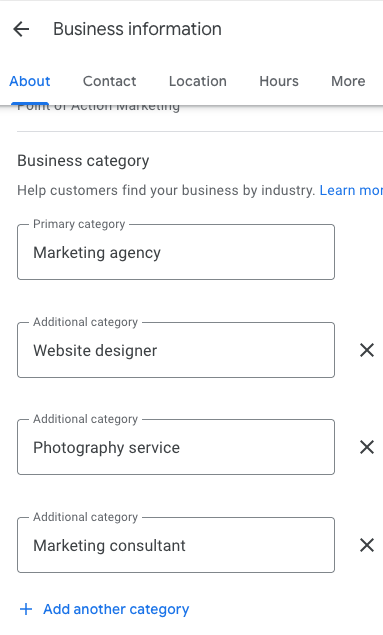 Google Business Profile Categories Box